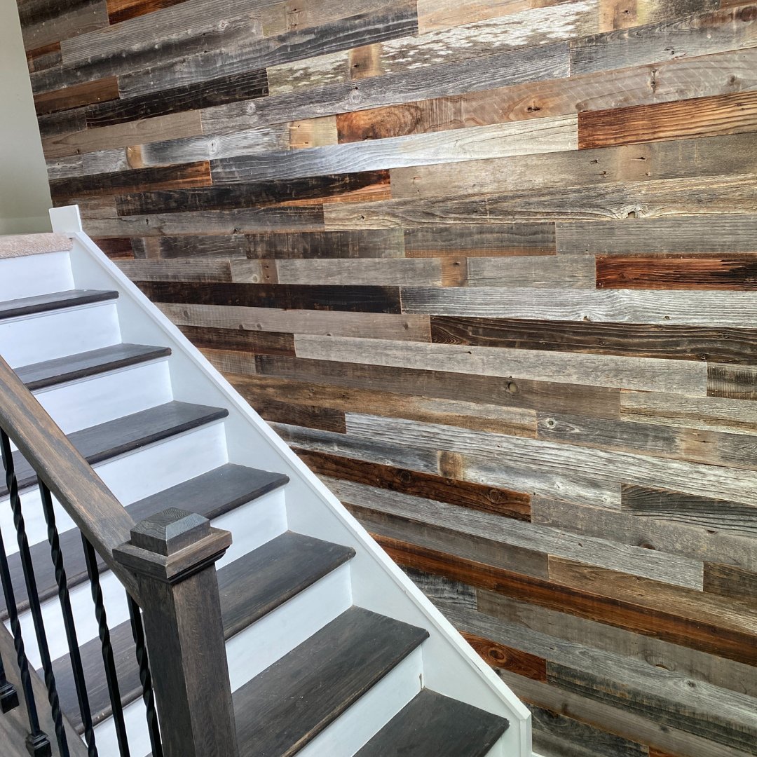 plankandmill's tweet photo. "Absolutely love it!  Really made a custom look for my stairway!" 🙌 The great thing about reclaimed barnwood planks is the dents &amp; dings that come with life! #diy #shiplap https://t.co/HdNDvyCfyr