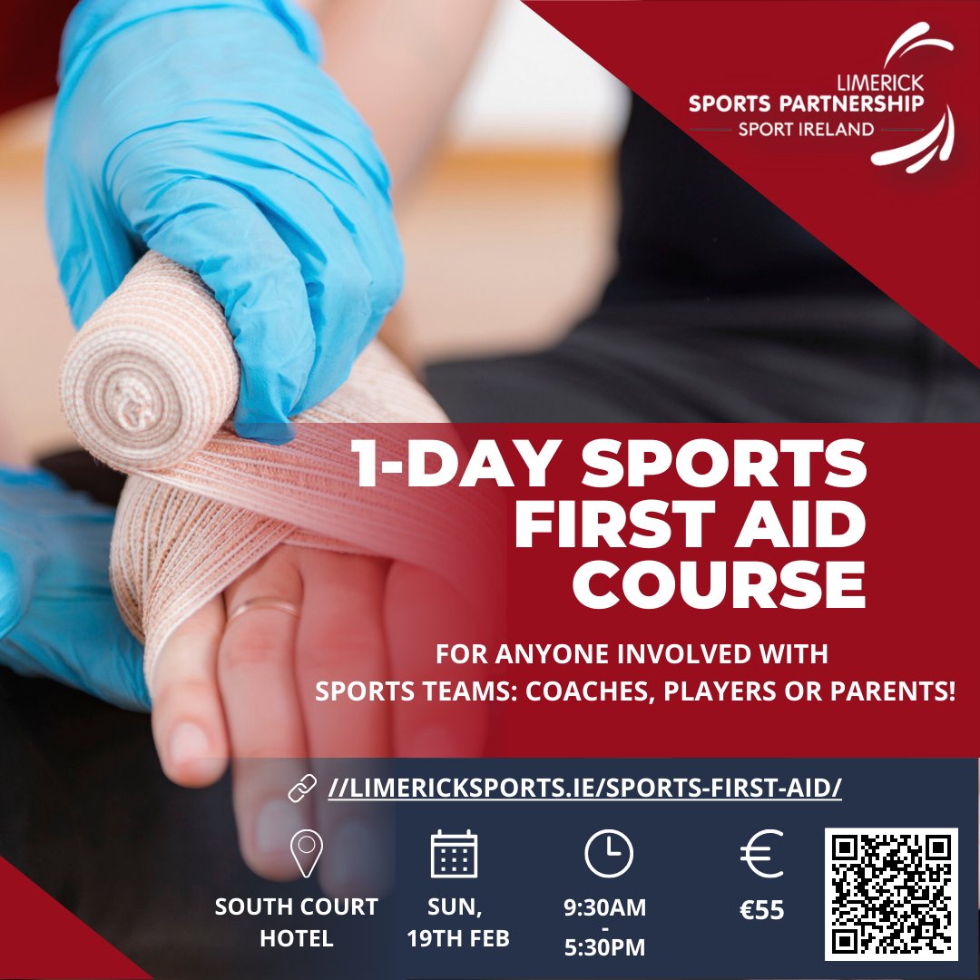 Limericksports's tweet photo. 📣 1-Day Sports First Aid Course
Aimed at anyone involved with sports teams, whether you are a coach, player or parent!
📅 Sun, 19th Feb
⏰ 9:30am - 5:30pm
📍 Southcourt Hotel
💶 €55
🔗 https://t.co/Gof9yokWXC
@sportireland @SportingLK @Limerick_ie @UL
#sportsfirstaid https://t.co/4oeUhWxH3b