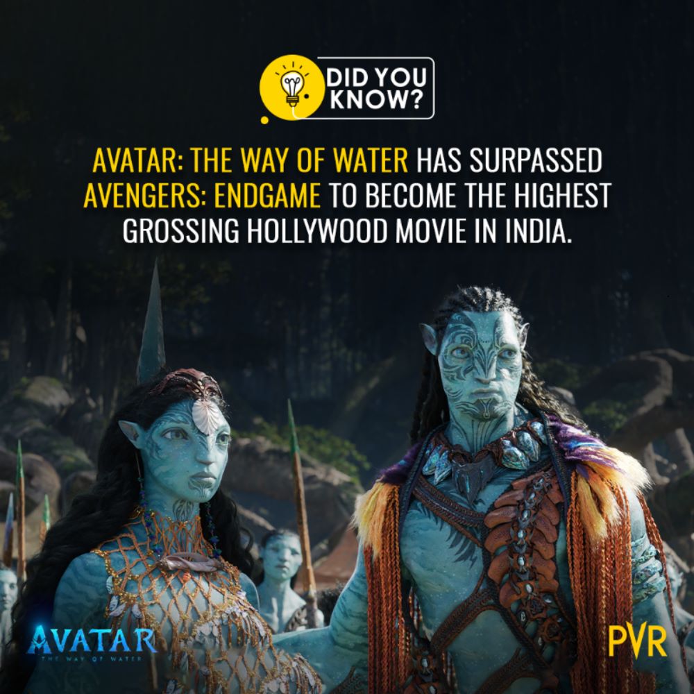 _PVRCinemas's tweet photo. #Avatar2 is breaking record after record! Now, it has become the highest-grossing Hollywood movie in India, surpassing Avengers: Endgame.
Now screening at a #PVR!
Book now: https://t.co/TGQXYwidcu
#AvatarTheWayOfWater #AvatarTrivia #Trivia #AvengersEndgame #HighestGrossing https://t.co/pV0RjcLg7F