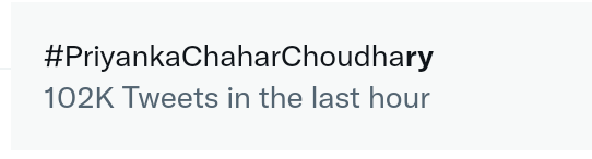 PriyAnkitFC's tweet photo. 102K+ Hashtag Count of #PriyankaChaharChoudhary in Last Hour 🔥🔥🔥

#PriyAnkit #BiggBoss16 
#BBQueenPriyanka https://t.co/v1WjO3SeIF