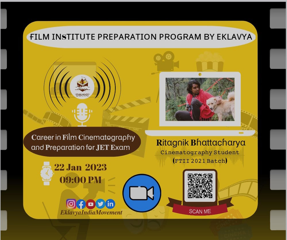 Career in Film Cinematography 
Speaker: Ritagnik Bhattacharya,  cinematography student at FTII Pune 

Time: Sunday, Jan 22, 2023 09:00 PM IST

Join Zoom Meeting
us02web.zoom.us/j/85811813712?…

Meeting ID: 858 1181 3712
Passcode: 028105

#ftiipune #filmcareer #cinematography #art