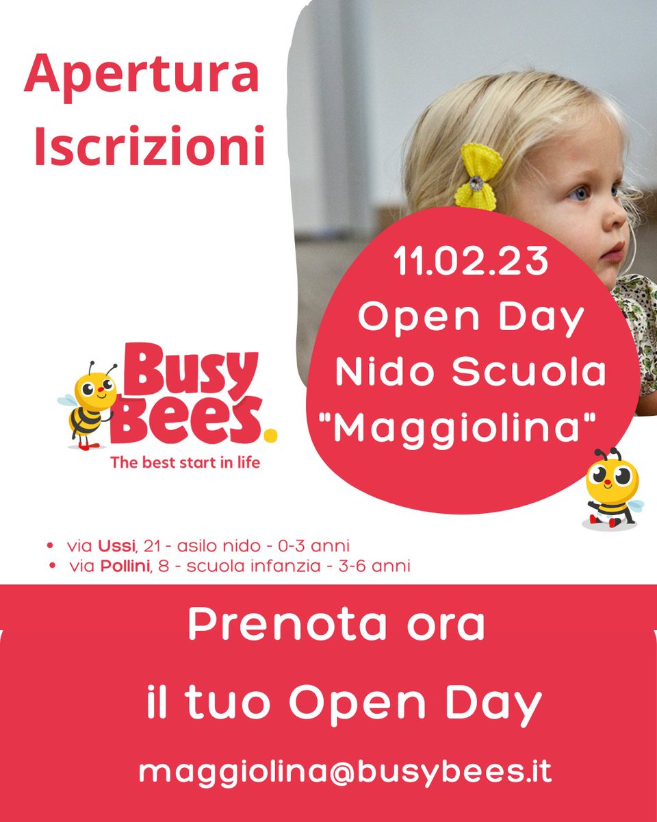l'#11febbraio #openday nella scuola di infanzia Busy Bees di #viaPollini8 a #Milano.

Vi aspettiamo a braccia e #porteaperte dalle 10 alle 13 per conoscerci e giocare insieme. 

Prenota il tuo #openDay all'indirizzo maggiolina@busybees.it