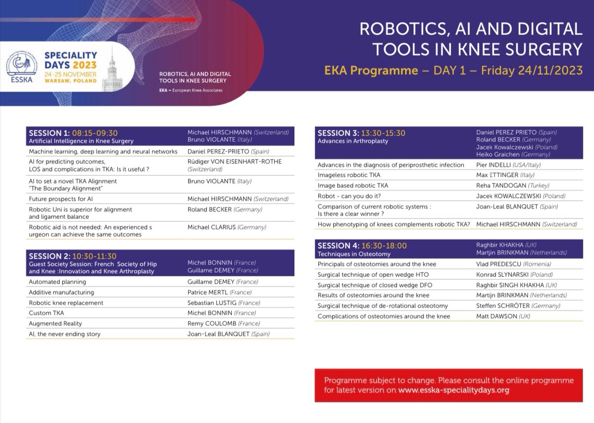 EkaEsska's tweet image. EKA #scientific program for #ESSKASD2023 has been finalized! We will focus on ROBOTICS, AI AND DIGITAL TOOLS IN KNEE SURGERY.
Do not miss this unique learning opportunity and join us in Warsaw, Poland this November. Please check the final program at esska-specialitydays.org/wp-content/upl…