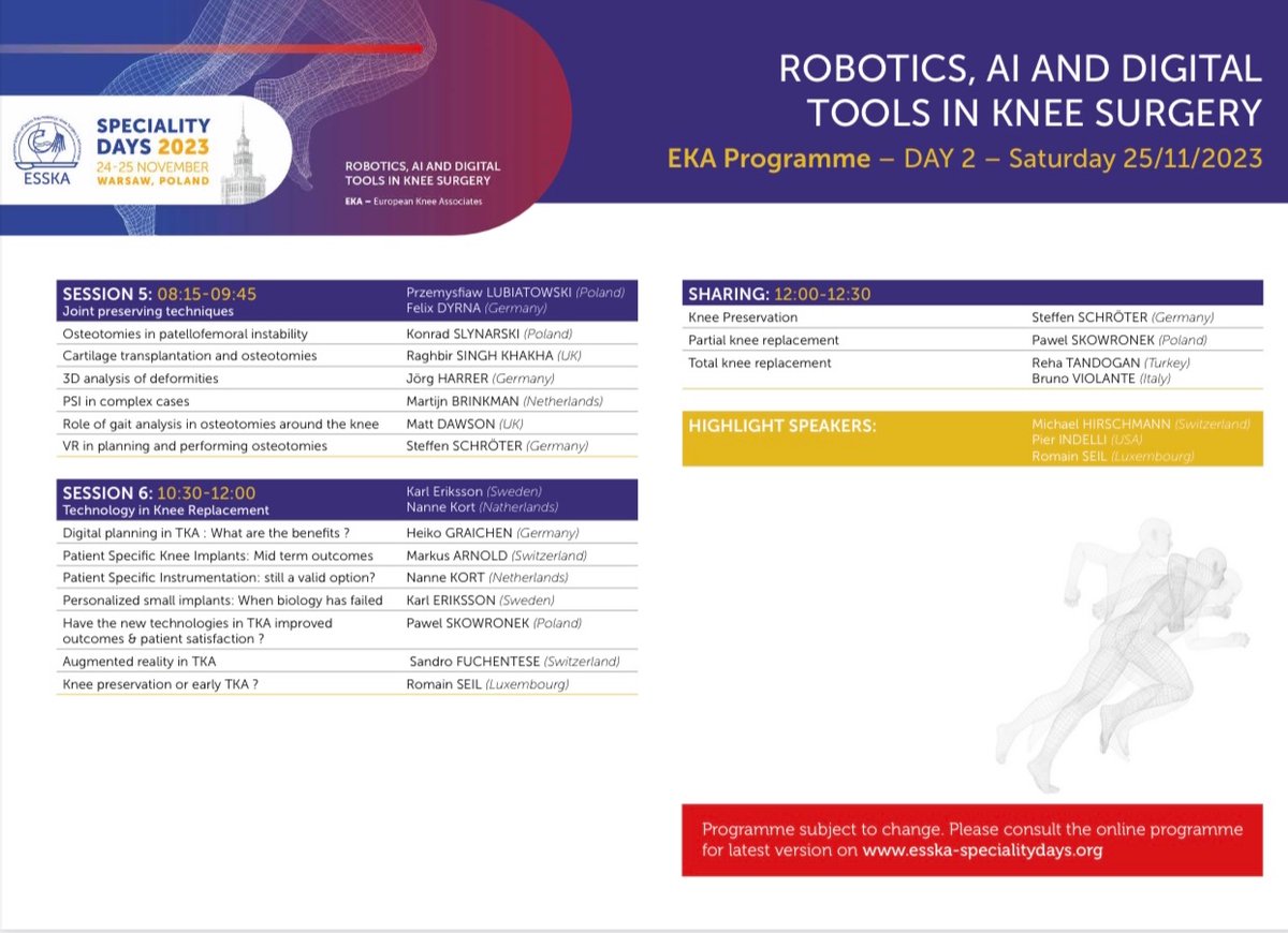 EkaEsska's tweet image. EKA #scientific program for #ESSKASD2023 has been finalized! We will focus on ROBOTICS, AI AND DIGITAL TOOLS IN KNEE SURGERY.
Do not miss this unique learning opportunity and join us in Warsaw, Poland this November. Please check the final program at esska-specialitydays.org/wp-content/upl…