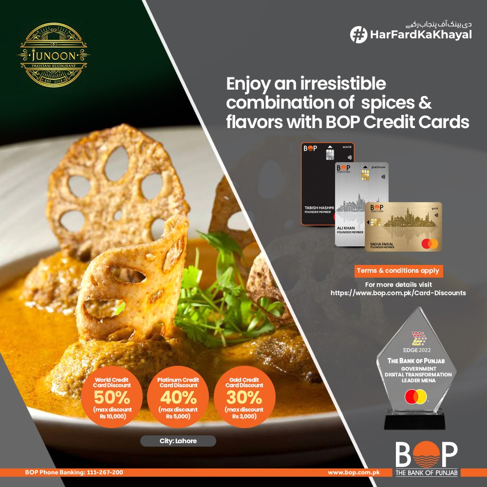 thebankofpunjab's tweet photo. When BOP is bringing sizzling discounts of ๐ฏ๐ฌ%-๐ฑ๐ฌ%, how can anyone resist flavoursome desi food at Junoon restaurant?
Grab exclusive deals now!
#TheBankOfPunjab #HarFardKaKhayal #BOPCards #Discount #BOPCreditCards https://t.co/yxOhNfjyAV