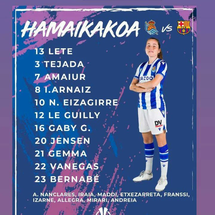 Alineaciones 
<a href="/fcbfemeni/">FC Barcelona Femení</a> vs <a href="/realsociedadfem/">Real Sociedad Femenino</a> 

En la <a href="/RealSociedadFEM/">Real Sociedad Femenino</a> juega <a href="/ParaLete/">Elene Lete Para</a> pero en el <a href="/FCBfemeni/">FC Barcelona Femení</a> no puedo jugar la #Legazpiarra <a href="/Irene_Paredes4/">Irene Paredes</a> por estar sancionada