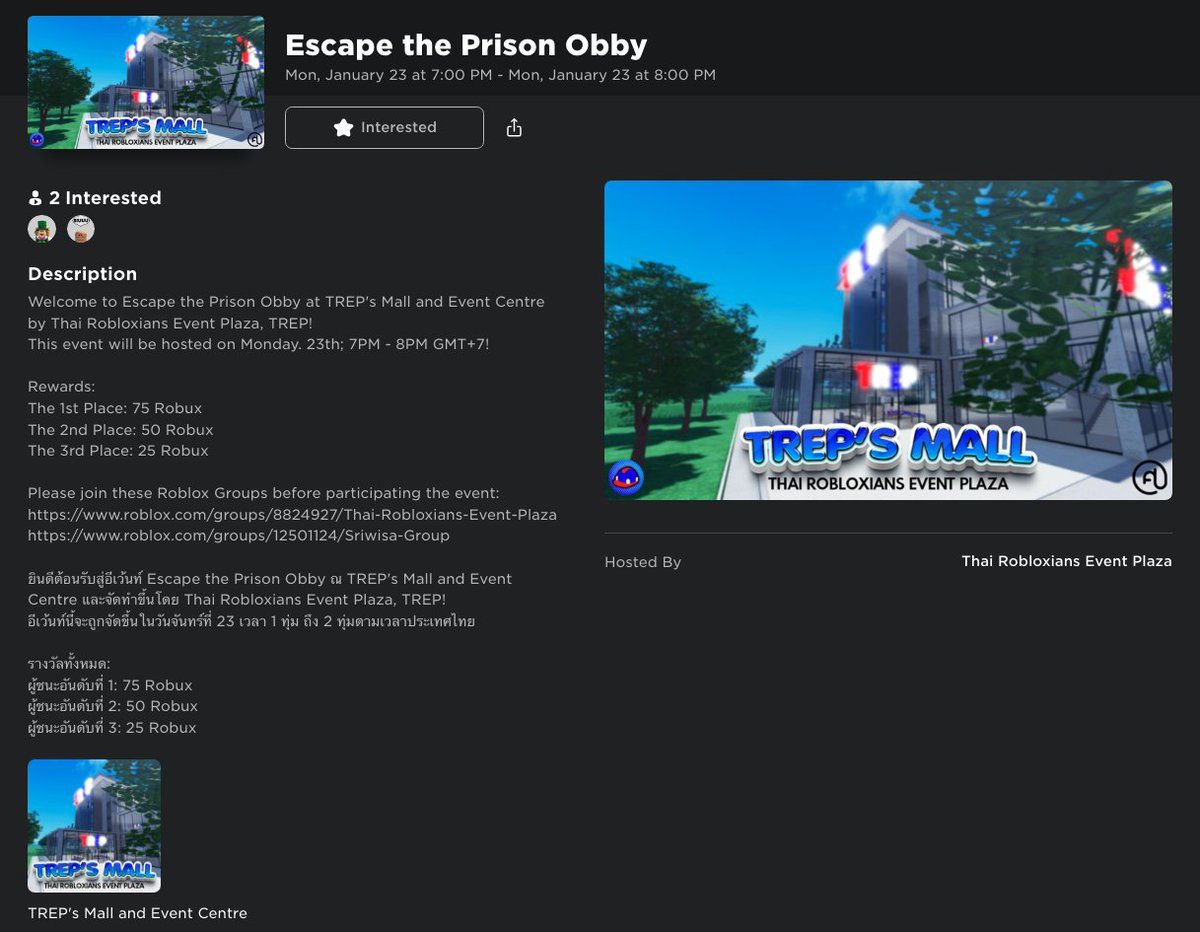 Introducing new Roblox event features and the return of Thai Robloxians' Event Plaza (TREP)!

We would like to invite all players to join TREP's "Escape the Prison Obby" event and test new features of Roblox.

MORE INFO: roblox.com/events/8333263…

#RobloxEvent #RobloxDevs #Roblox