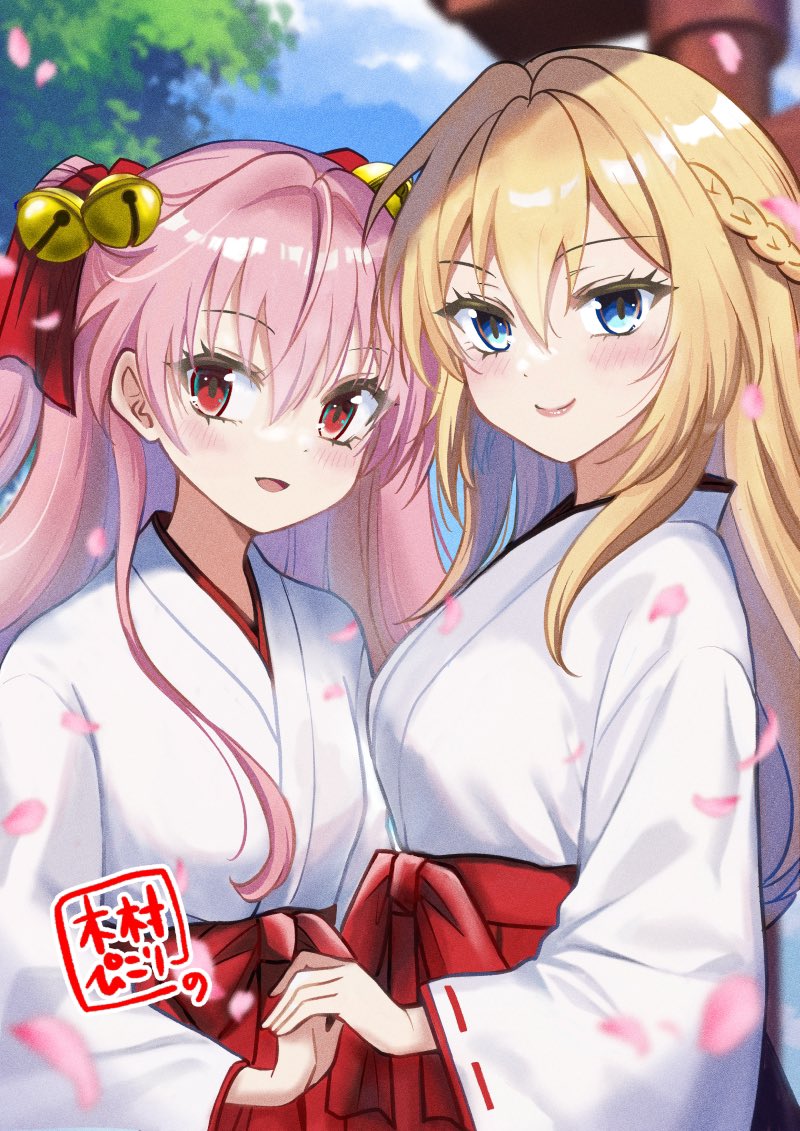 multiple girls 2girls miko japanese clothes pink hair blonde hair blue eyes  illustration images