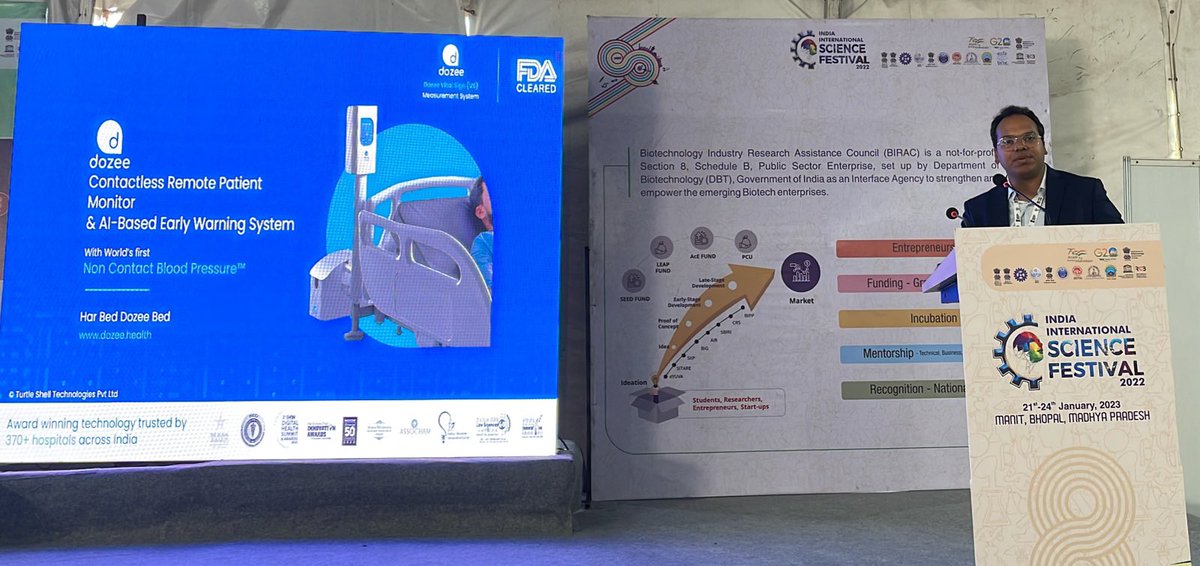 BIRAC_2012's tweet photo. Dr Mudit Dandwate , Turtle Shell Private Limited at the Session The Next BIG Thing! From the Startups @iisfest talks about his flagship product #dozee, a contactless remote patient monitor &amp; AI-based early warning system supported by @BIRAC_2012 https://t.co/dmlw7fJRQL