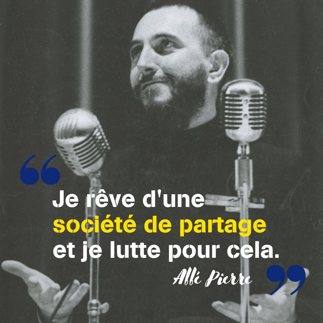 Il y a 16 ans, l'abbé Pierre nous quittait après une vie de lutte auprès des plus démuni·es.

✊ Aujourd'hui, ce rêve d'une société de partage continue de nous pousser à nous révolter contre les injustices pour que chacun et chacune (re)trouve une place au sein de la société.