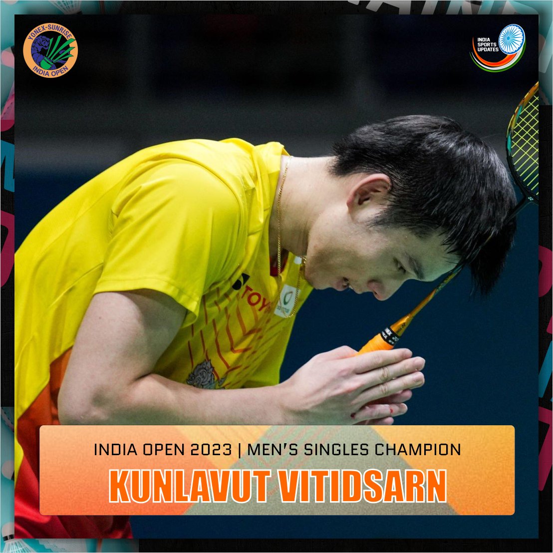 indiasportsup's tweet photo. KUNLAVUT VITIDSARN - INDIA OPEN MEN'S SINGLES CHAMPION 🏆

He defeated top seed &amp; tournament favorite Viktor Axelsen in final to clinch the title

Congratulations @KunView_ID

#IndiaOpenSuper750 #IndiaOpen #IndiaOpen2023 #Badminton @BAI_Media #Axelsen #Vitidsarn #ViktorAxelsen https://t.co/6T5zv2YdhO