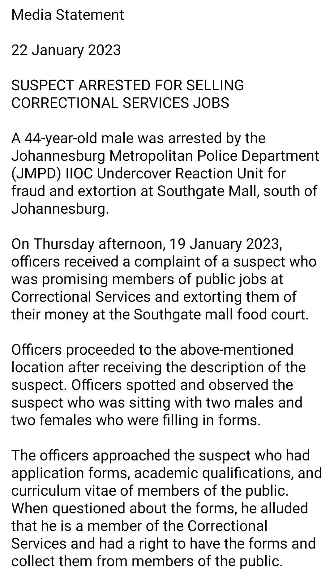 Jo'burg Metro Police Department - JMPD on Twitter: "Media Statement:  SUSPECT ARRESTED FOR SELLING CORRECTIONAL SERVICES JOBS #BuyaMthetho  #SaferJoburg https://t.co/TuS9v8VmRB" / Twitter