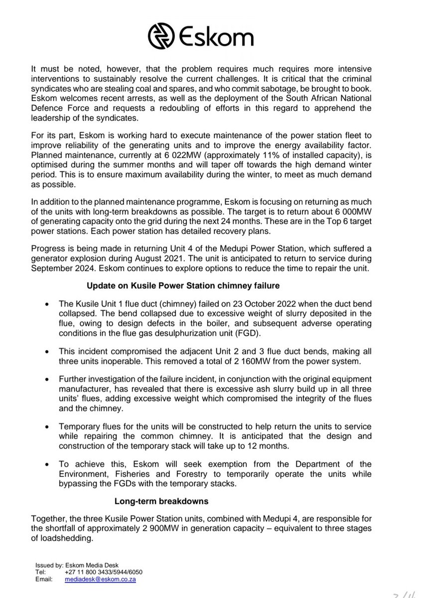Eskom_SA's tweet photo. #Eskom #MediaStatement

Eskom appreciates the difficulties experienced by the public because of persistent loadshedding, we are working tirelessly to reduce the amount of loadshedding https://t.co/owFWp9G9Wu