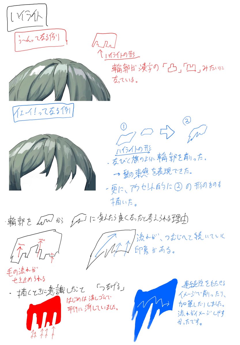 ナズーリンの反省点です。髪に澄んだ感じがなく、質感の表現が思ったようにいかなかったので、解決策を考えました。 