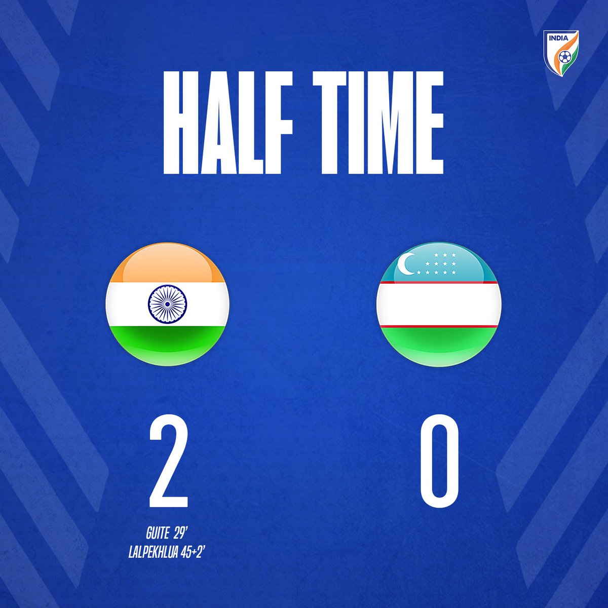 IndianFootball's tweet photo. 🇮🇳 India U-17 lead by two against Uzbekistan at the break in Vasco!👊

Let's keep this going in the second half boys!👏

WATCH 📺 https://t.co/z8EG8p8tUE

#INDUZB ⚔️ #BackTheBlue 💙 #IndianFootball ⚽ https://t.co/vHoik34Gkc