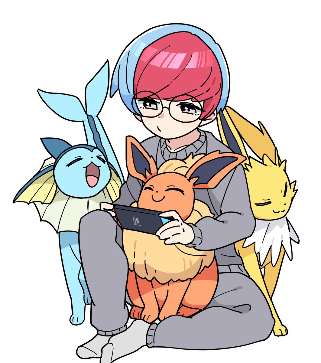 eevee ,flareon ,vaporeon 1girl glasses pokemon (creature) two-tone hair sitting red hair handheld game console  illustration images