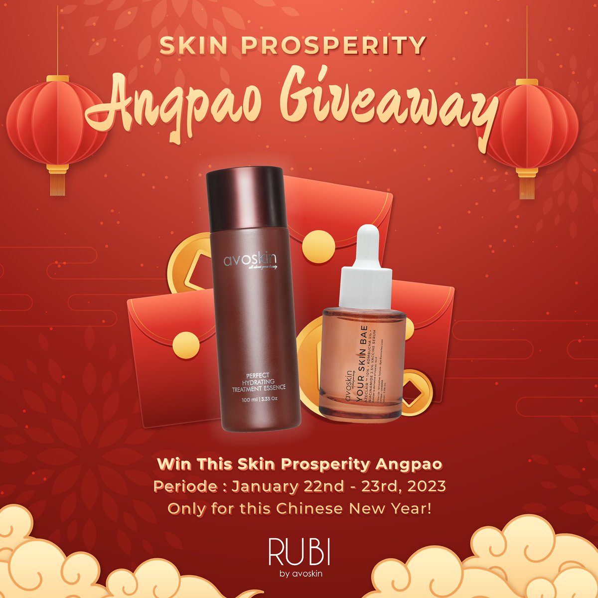 GIVEAWAY ANGPAO SKINCARE! 🧧✨

Syarat:
• Follow @rubicommunity &amp; <a href="/avoskinbeauty/">Avoskin Official</a>
• Reply tweet ini dengan emoji favoritmu
• Jangan lupa RT &amp; Like

Pemenang diumumkan di 24 Januari 2022. Goodluck RUBI Gems! ❤️❤️

#SkinProsperity #AngpaoGiveaway