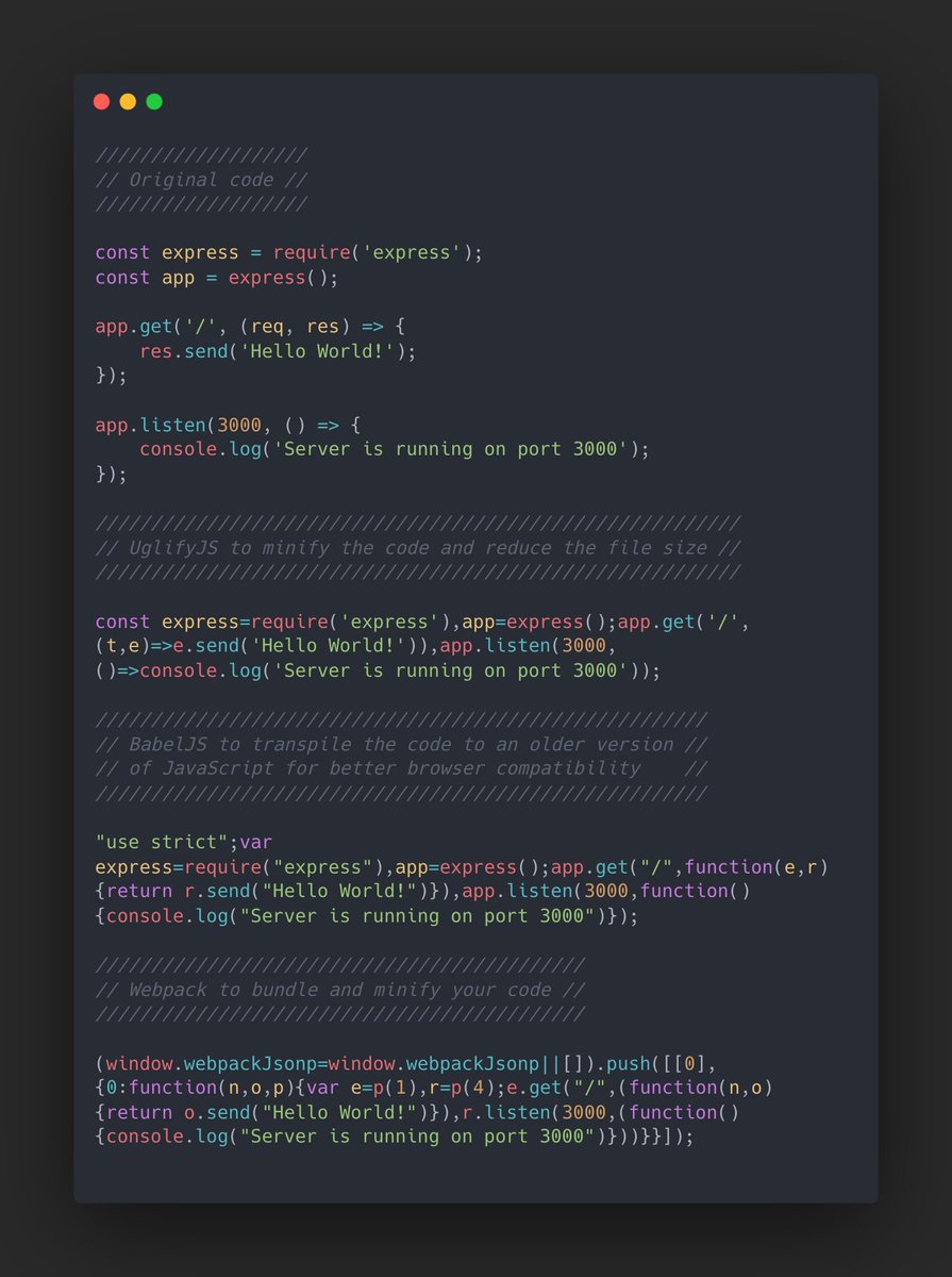 ibmustali's tweet image. Use minifier tool like #UglifyJS, transpiler like @babeljs or bundler like @webpack  to reduce the size of your JavaScript files.

#Minifiers #UglifyJS #Babel #Webpack
