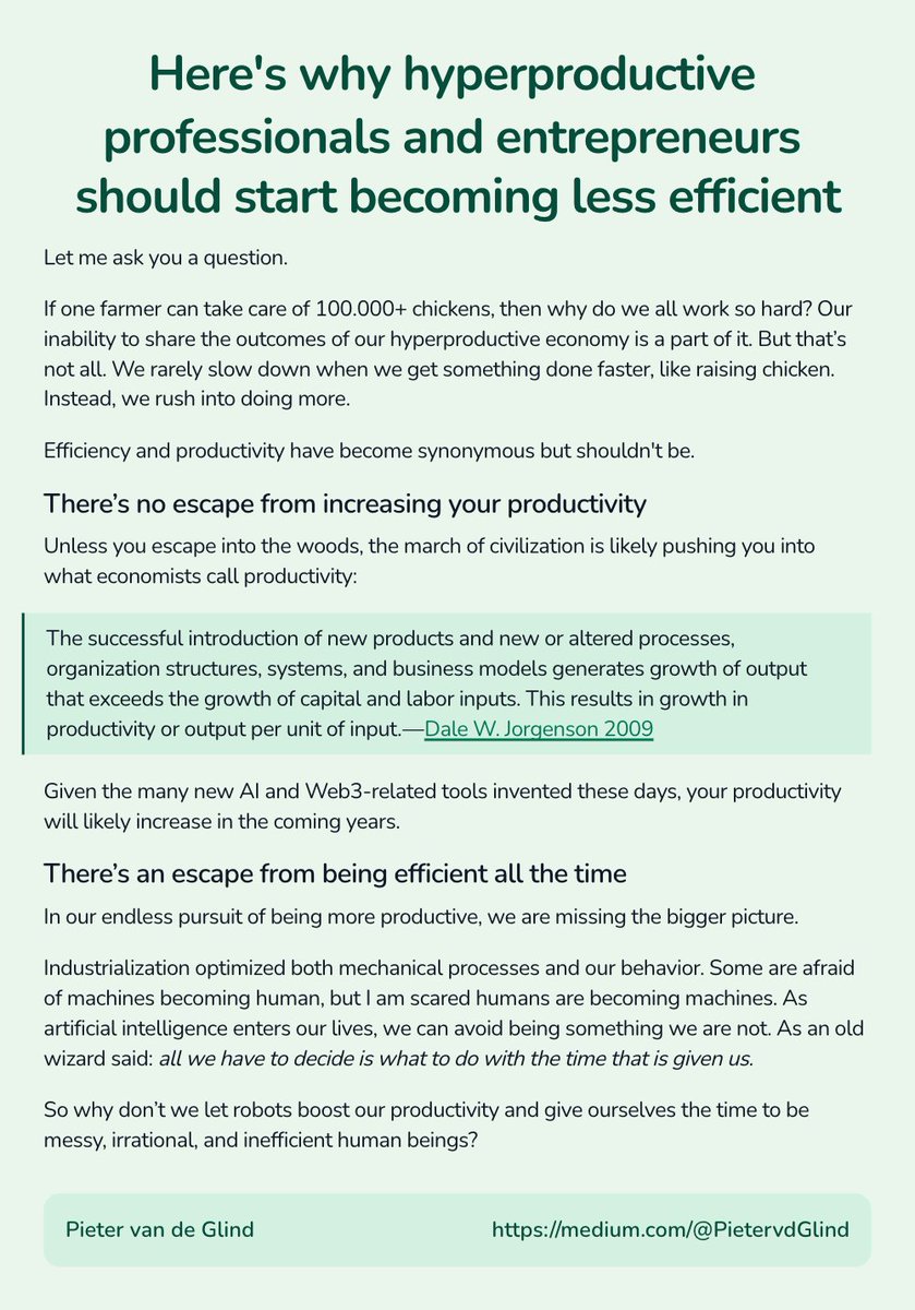 Some are afraid of machines becoming human. 

I am scared humans are becoming machines. 

Here's why hyperproductive professionals and entrepreneurs should start becoming less efficient