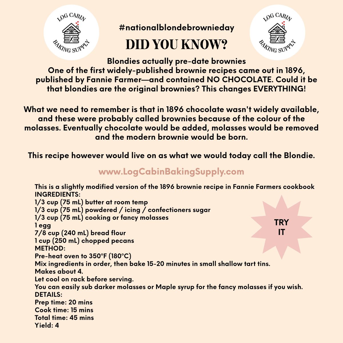 BakingLog's tweet photo. Blondies came before brownies!! Who knew?!?!

https://t.co/TjD7D9TuDP
#nationalblondebrownieday #blondies #blondieswerefirst #logcabinbakingsupply #nationalblondieday #blondiesandbrownies #blondiesrecipe #fanniefarmer #blondiesbars #nochocolate #chocolateless #nochocolaterecipes https://t.co/pmZBqanjmh