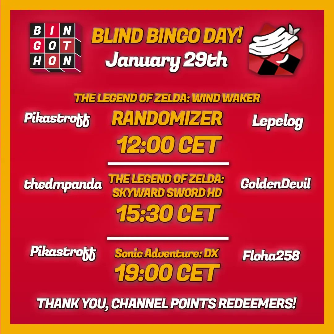 bingothon's tweet photo. 🚨ANNOUNCEMENT🚨 

Did you know you can redeem blind bingo matches with Twitch channel points? A few have been redeemed, so they are coming in force with a HUGE blind bingo day! 👀

🗓️ January 29th
⏰ Starting 12:00 CET

(⚠️ Note: this is separate from the Blind Bingo series!) https://t.co/kEjcDft5Df