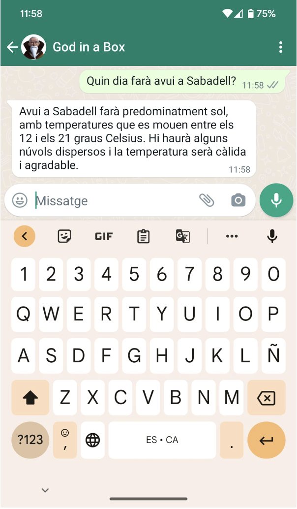 genisroca's tweet photo. Aquesta eina permet tenir ChatGPT com un contacte a Whatsapp.
Li envies un whats i ChatGPT et contesta.
https://t.co/DxeQn4M8tZ

Totes aquestes coses deixaran de ser gratis més aviat que tard, començant pel propi ChatGPT.
Aprofiteu ara per provar, jugar i entendre... https://t.co/WIm3OuMtnE