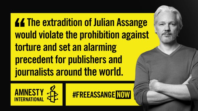 DefendAssange's tweet image. Amnesty: &apos;The extradition of Julian Assange would violate the prohibition against torture and set an alarming precedent for publishers and journalists around the world&apos; @amnesty #FreeAssangeNOW