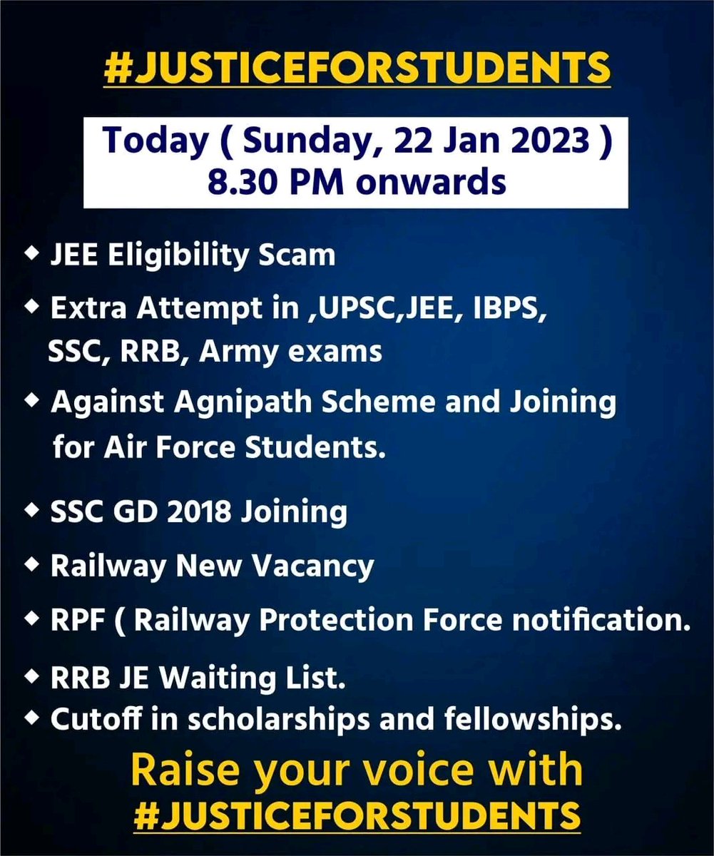 HPSandeepThakur's tweet photo. Join Twitter Campaign protest on various students'issues. #JusticeForStudents Todayat8.30pm @nsui
#UPSCExtraAttempt #Jee23DemandsJustice #JusticeForDefenceStudents #RRB_JE_Waiting_List #railway_new_vacancy_do #JEEMains #RPF #ExtraAttemptForAll #airforce_enrollment_publish_karo https://t.co/ZdFhlw7sg4