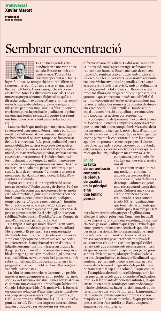Societat de Gestió Sanitària (@gestiosanitaria) on Twitter photo “La poca qualitat del pensament debilita les nostres empreses i organitzacions. Pensar és analitzar dades i informació, esquarterar la complexitat, avaluar escenaris, construir argumentaris i teixir solucions”
Per <a href="/XavierMarcet/">Xavier Marcet</a> via <a href="/LaVanguardiaCAT/">LaVanguardia.cat</a> “La poca qualitat del pensament debilita les nostres empreses i organitzacions. Pensar és analitzar dades i informació, esquarterar la complexitat, avaluar escenaris, construir argumentaris i teixir solucions”
Per <a href="/XavierMarcet/">Xavier Marcet</a> via <a href="/LaVanguardiaCAT/">LaVanguardia.cat</a>