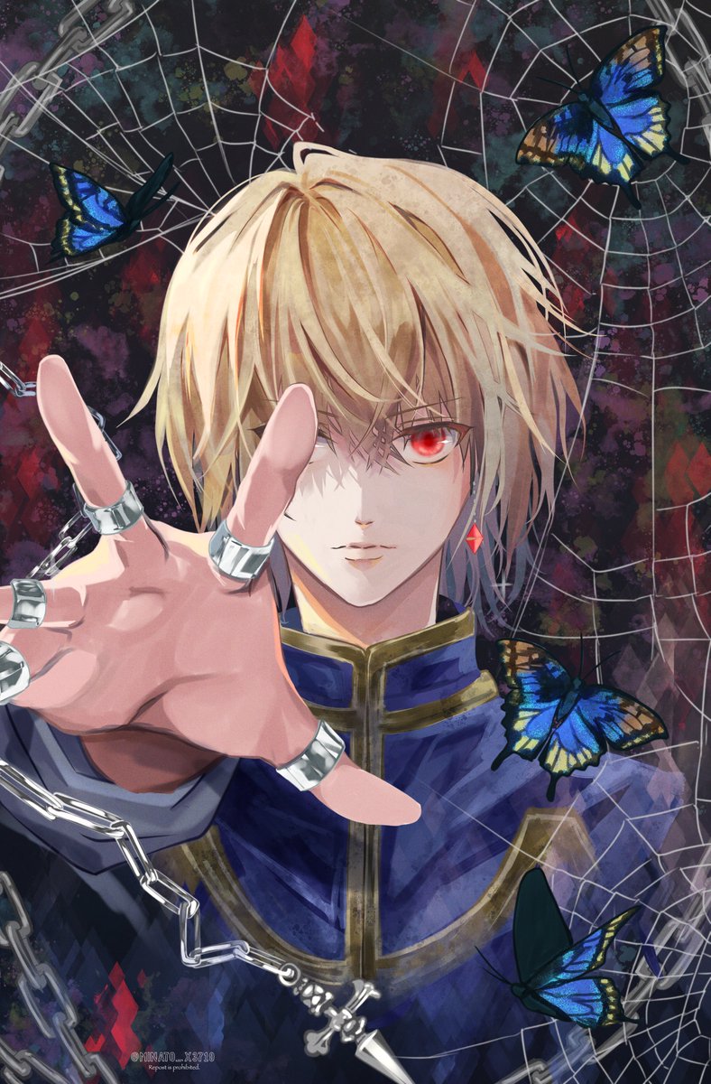 1boy red eyes male focus jewelry blonde hair bug earrings  illustration images