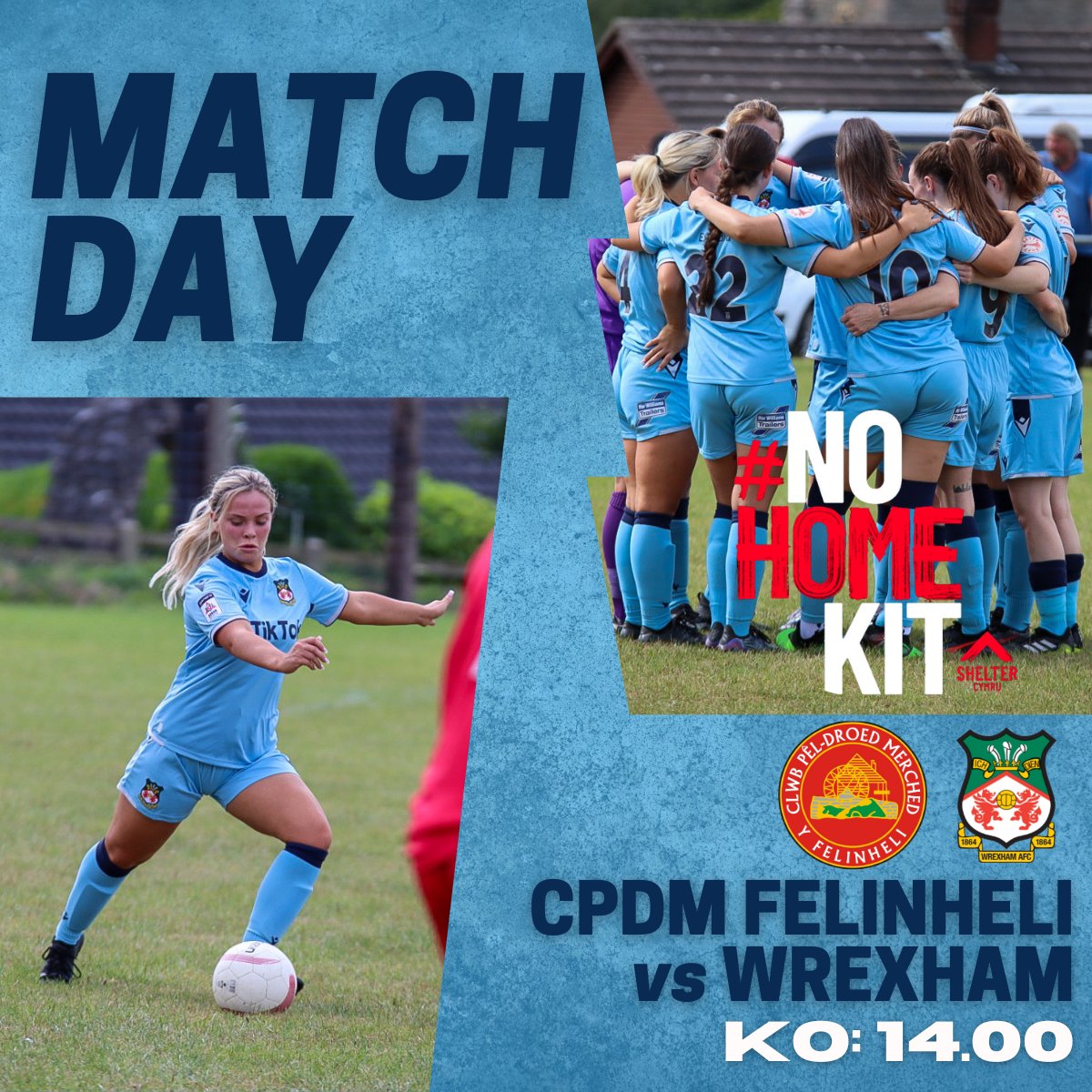 WrexhamAFCWomen's tweet photo. MATCH-DAY! Back to Genero Adran North action today, with a long away trip to Felinheli
Today's game is ON!
We're proud to be joining our fellow @AdranLeagues Clubs in supporting @ShelterCymru's #NoHomeKit campaign today
๐ตโช #WxmAFC https://t.co/Q16FYmHxQm
