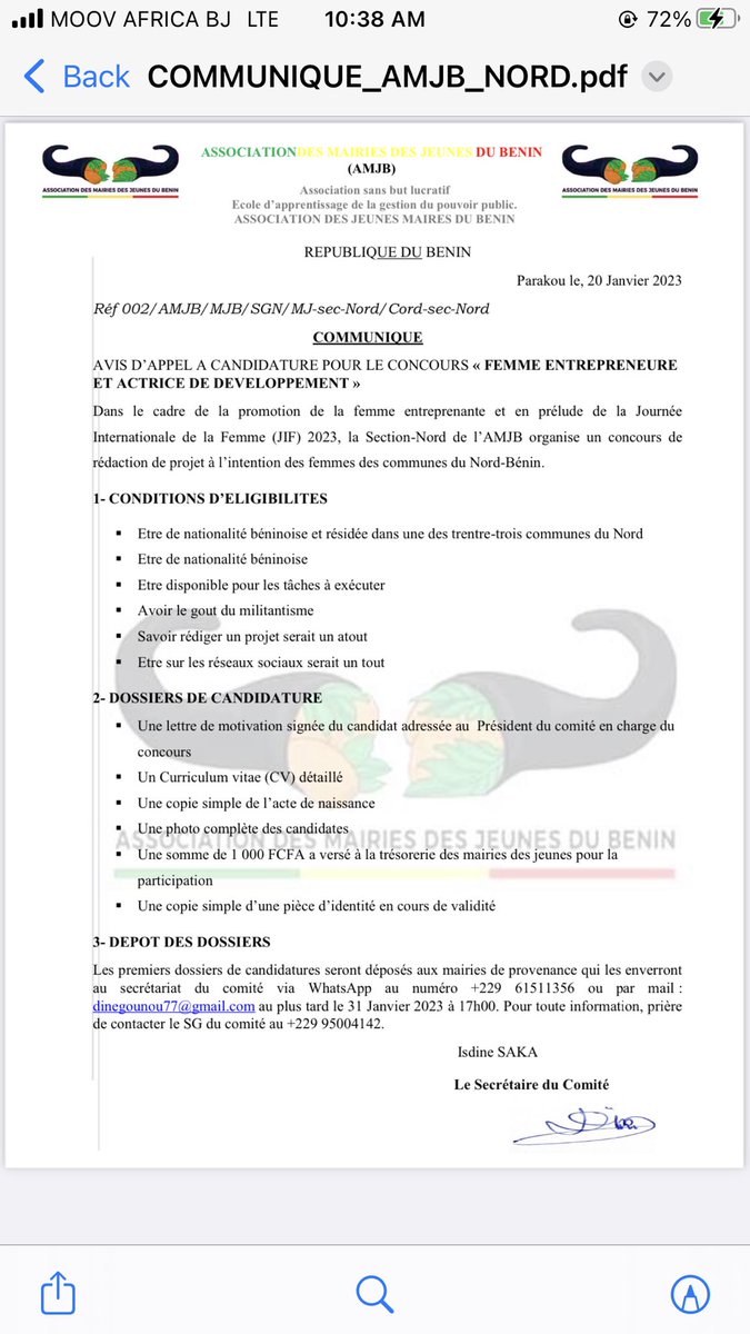 En prélude à la #JIF 2023, la section Nord de L’AMJB organise un concours dédié aux femmes entrepreneurs. Tu es une jeune fille entreprenante, résidante dans l’une des communes du nord Bénin, ne rate pas cette opportunité. Date limite de candidature 31 janvier.