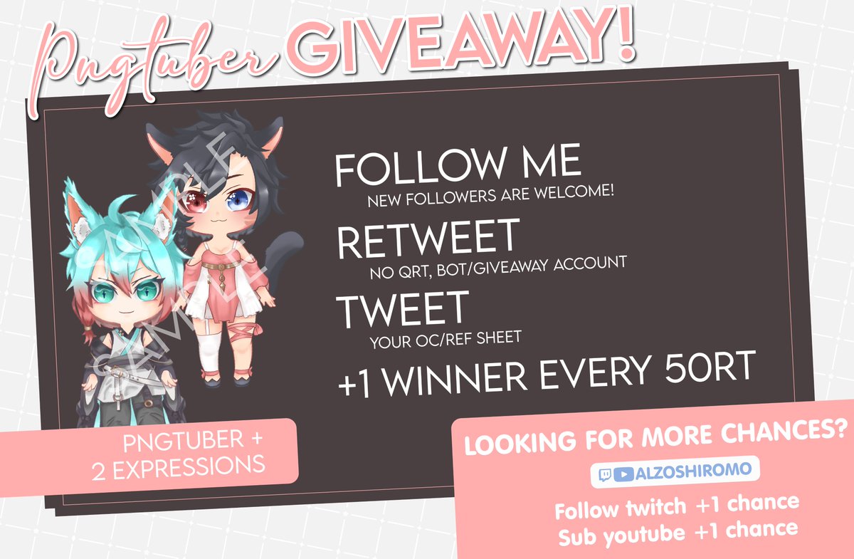 AlzoShiromo's tweet photo. 【PNGTUBER GIVEAWAY!】
To celebrate my Affiliate on Twitch!

🕒Closing date: 20 Feb'23, 11PM GMT+8

How to participate?
♦️ Follow me (new followers are welcome)
♦️ Retweet (No QRT, Bots/Giveaway account)
♦️ Tweet your OC or reference sheet

#PNGtubers #pngtuber #Giveaway https://t.co/kJ7KrCxjOl