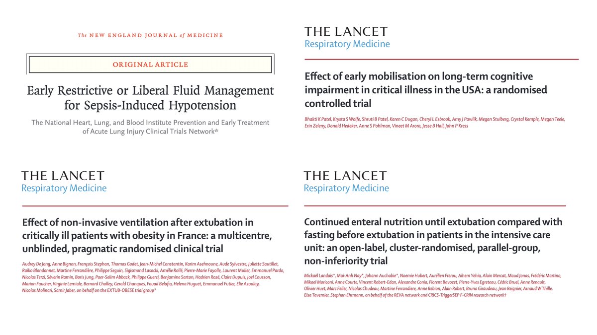 4 RCTs published in the last few hours you can’t miss if you work with critically ill patients: #1 Fluids in septic shock #2 Mobilisation and long-term cognitive impairment #3 NIV for extubation of obese patients #4 Nutrition before extubation A thread 🧵👇 #FOAMcc #SCCM2023
