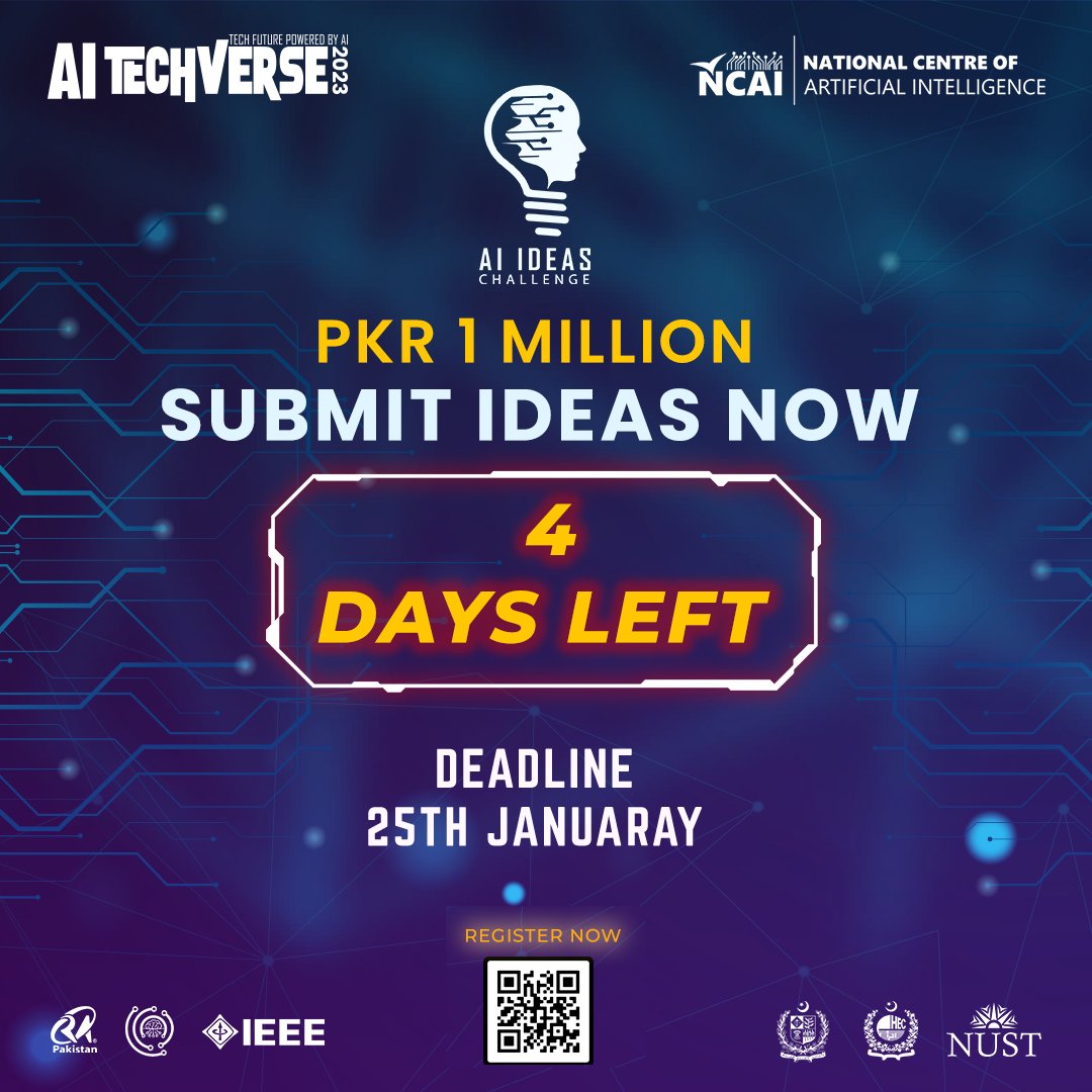ncaipk's tweet photo. 4 days away from the chance to win 1 Million PKR by submitting your AI prototypes/products/projects! https://t.co/gkALYFL9Fk