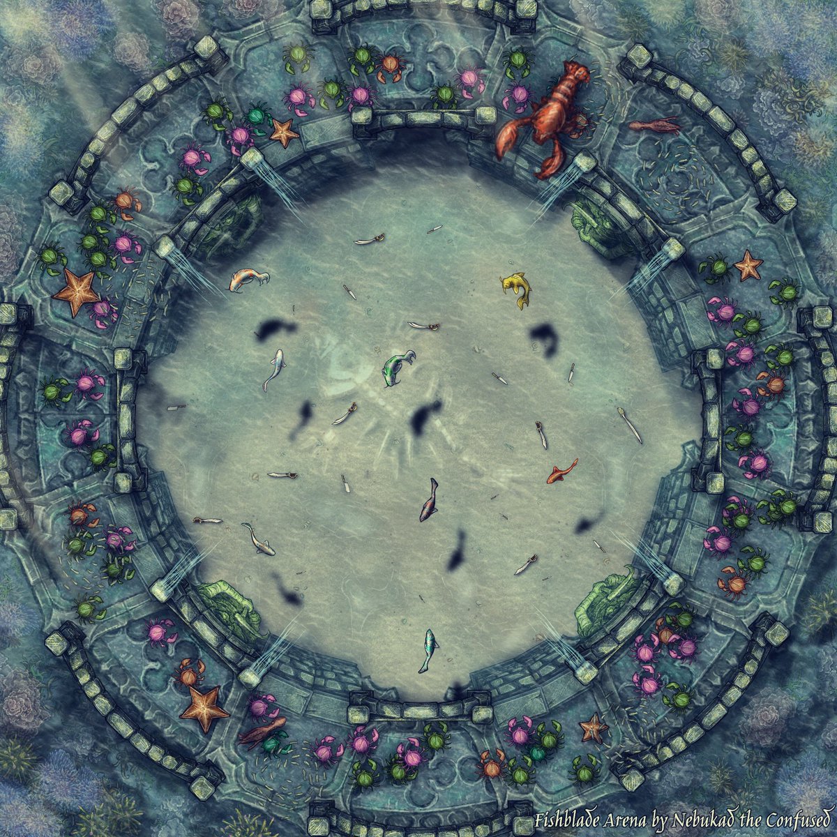 NebukadC's tweet photo. New #Mapdrop!
You didn't ask for it! Until yesterday you didn't even know you needed it!
And here I made it for you!
The ultimate #FishBlade Arena!!!
A free Map to blade up you fishy indi games!!!
#TTRPGs #indigames #Fishblade #battlemap #arenamap #fantasymap #underwatermap https://t.co/SfDcrtKM9V