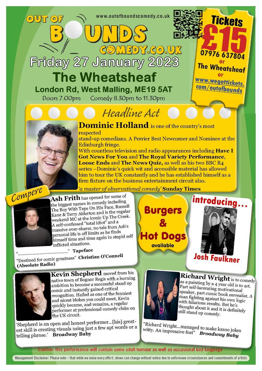 Out of Bounds Comedy (@oobcomedy) on Twitter photo New Year Comedy in #westmalling with <a href="/domholland/">Dominic Holland</a> and so much more. Just £15. seats still available. Link in bio. #comedyinkent #spidermansdad #comedy #thewheatsheaf New Year Comedy in #westmalling with <a href="/domholland/">Dominic Holland</a> and so much more. Just £15. seats still available. Link in bio. #comedyinkent #spidermansdad #comedy #thewheatsheaf
