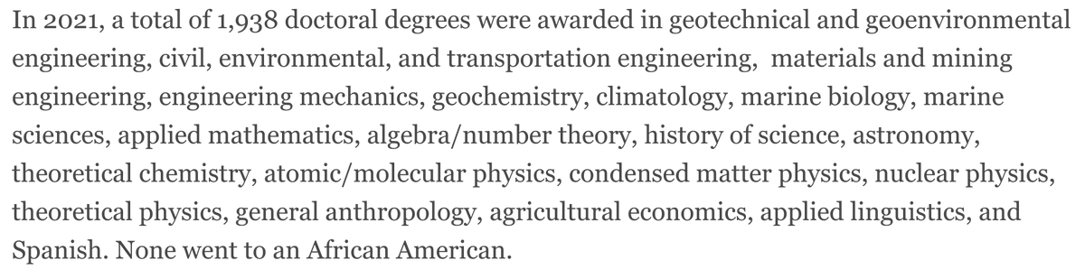ImmuneHack's tweet photo. How do people reconcile the idea that blacks are equally as intelligent as whites & Asians when not even 1 US black was awarded a doctoral degree in 2021 in any of these subjects?
Are they just not as interested in engineering, maths, science, chemistry, physics & economics? https://t.co/aYSuOEhmmE