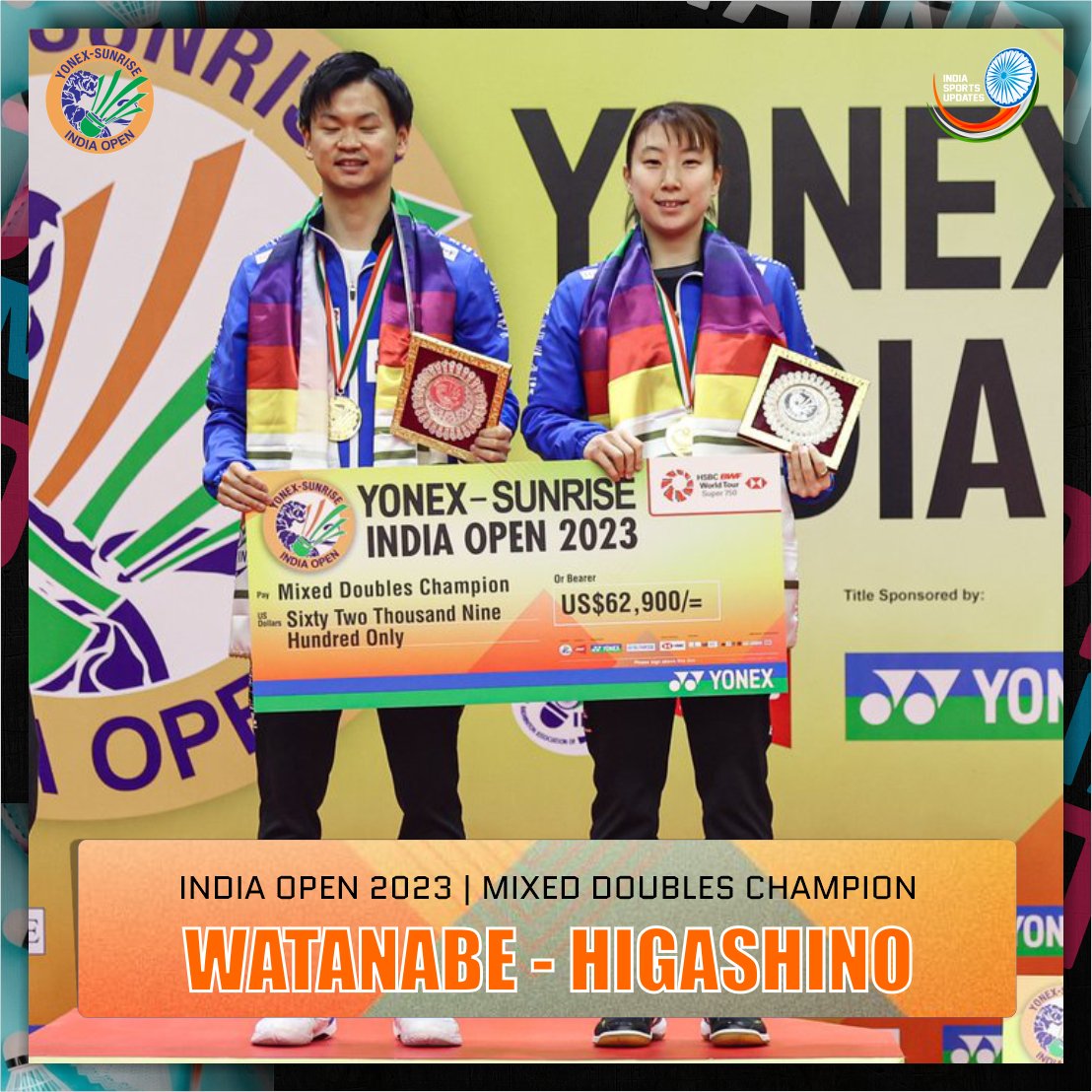 indiasportsup's tweet photo. WATANABE/HIGASHINO - INDIA OPEN MIXED DOUBLES CHAMPION 🏆

Congratulations to this Japenese Pair!

#IndiaOpenSuper750 #IndiaOpen #IndiaOpen2023 #Badminton @BAI_Media #Axelsen #Vitidsarn https://t.co/i80U4SXy5D