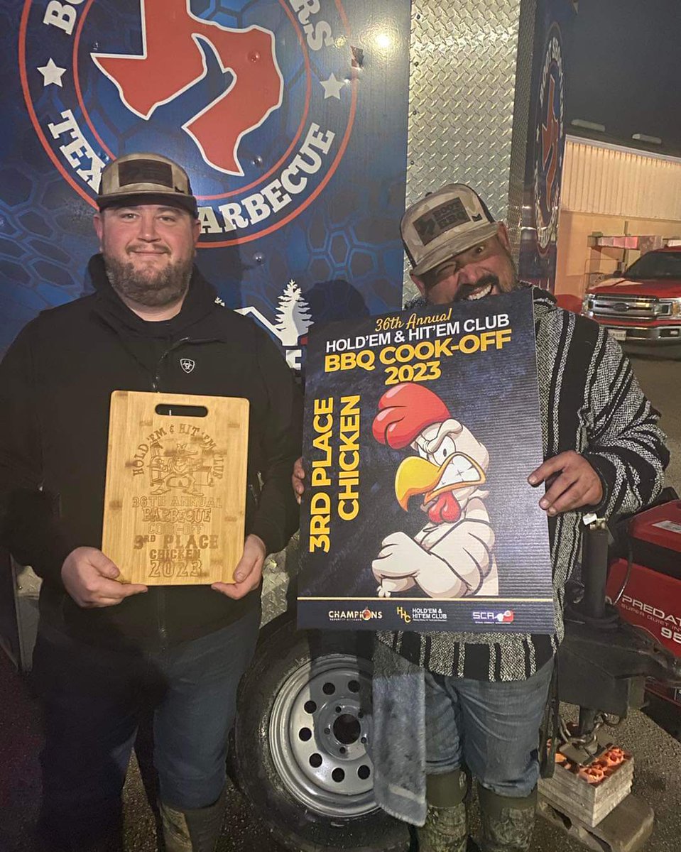 BootShootersBBQ's tweet photo. Our curse is lifted for this cook off!!! 3rd place Chicken!! 
 There were 77 teams, and it was great to compete again! Can’t wait till next weekend at the Oaks Dads Club and Rodeo Houston! 

🐔 💪  🔥 

#meat #cookoff #3rdplace #chicken https://t.co/e8K97bvhyF