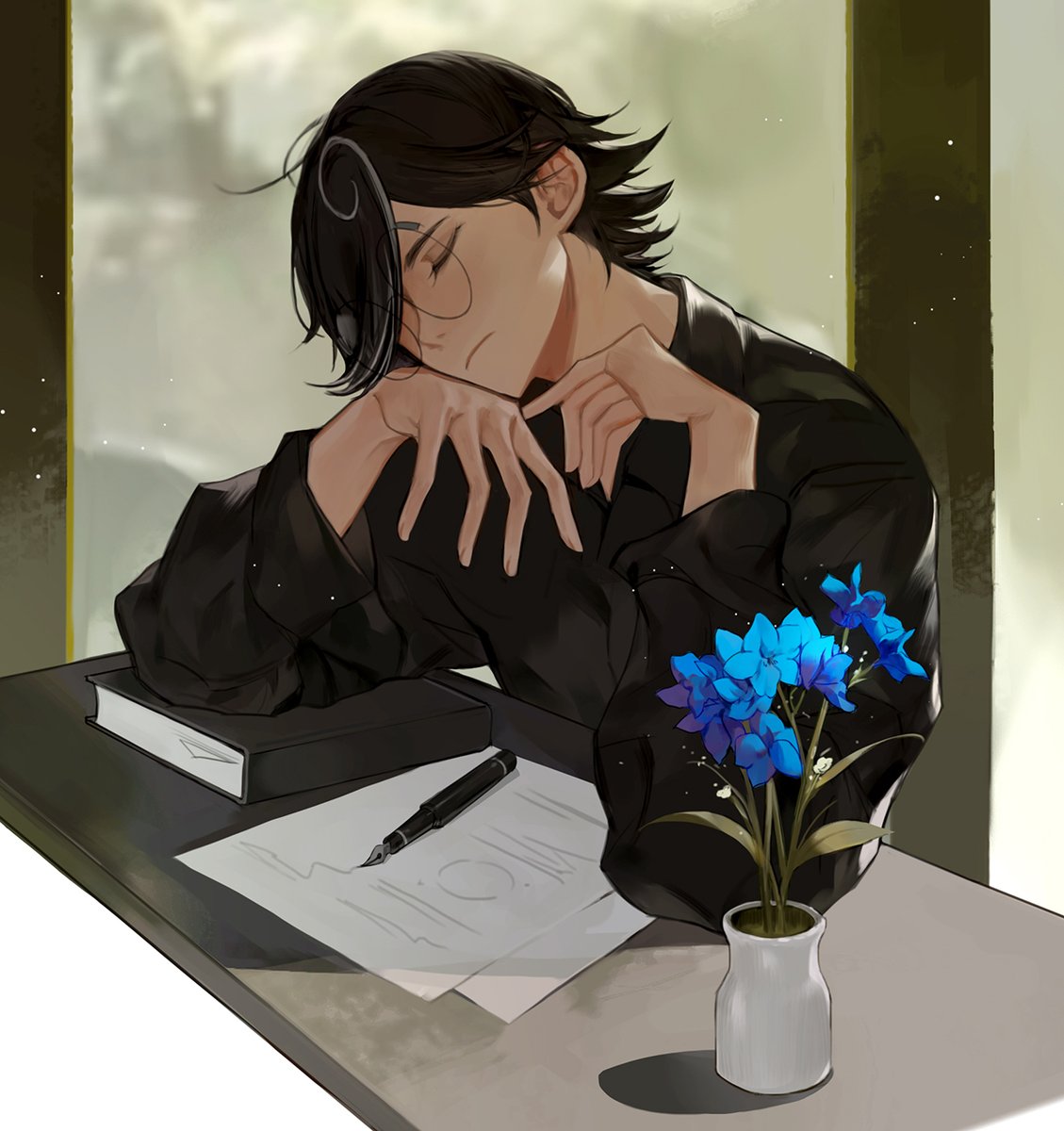 1boy male focus flower black hair solo closed eyes paper  illustration images