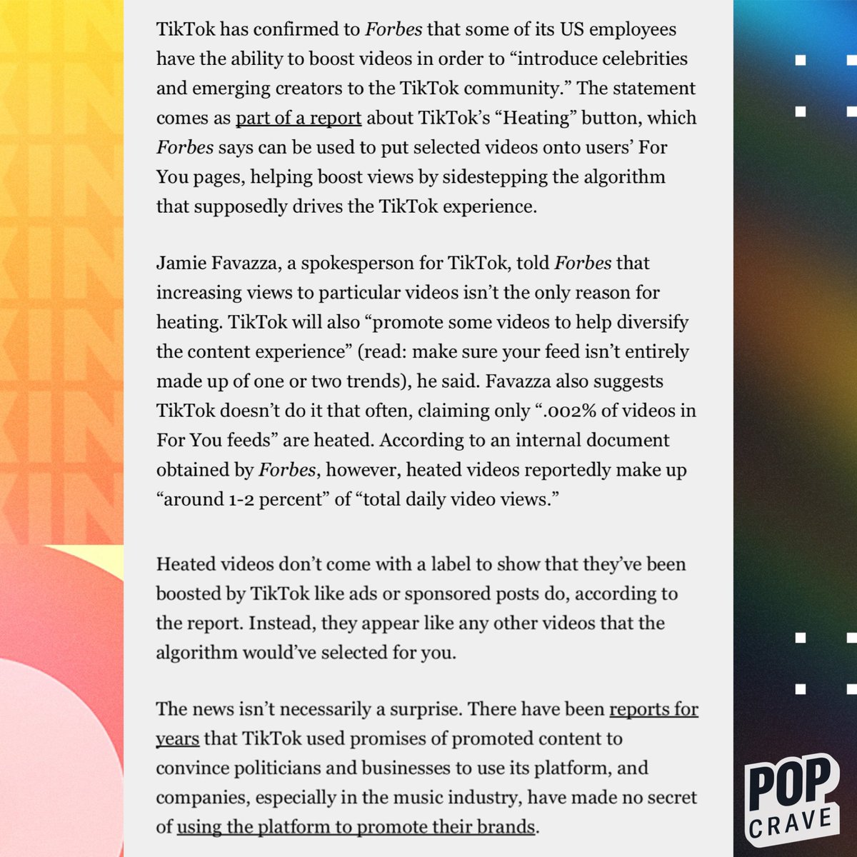 TikTok confirms that its own employees can decide what goes viral.

🔗: theverge.com/2023/1/20/2356…
