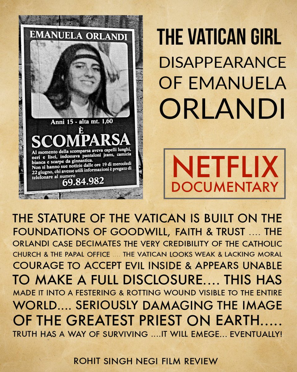 rohitsinghnegi3's tweet image. #Documentary_Film
#TheVaticanGirl
#EmanuelaOrlandiCase

Truth has a way of emerging .... intact.... exposing the lies &amp;amp; the liars....

#RohitSinghNegiReviews
#TourismCultureDestinations 
#Heritage_Legacy 

👇Read More-
en.m.wikipedia.org/wiki/Disappear…