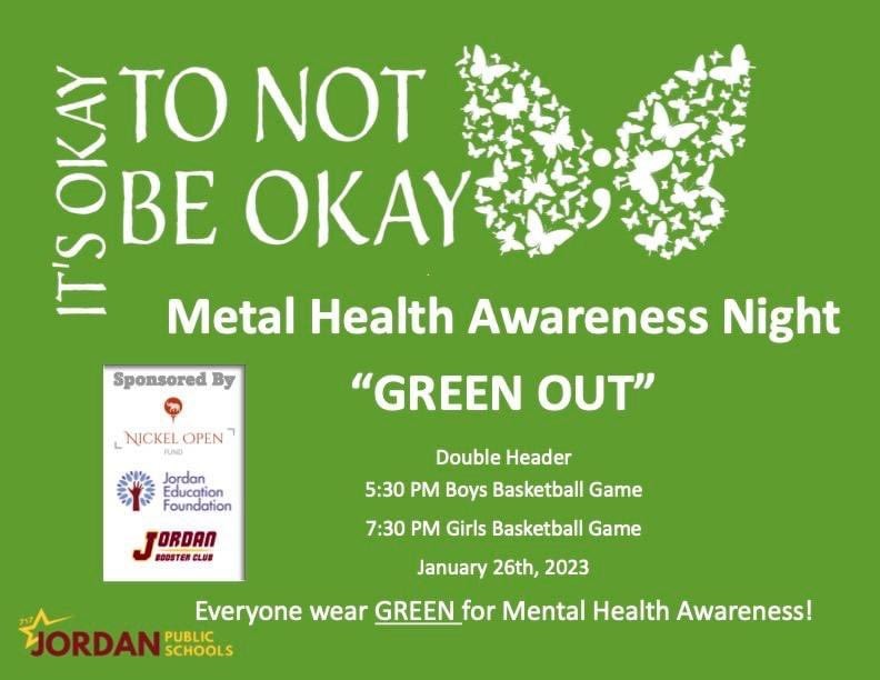 We hope you can join us and wear GREEN for Mental Health Awareness during the Boys and Girls Varsity double-header basketball games on January 26! 💚🏀