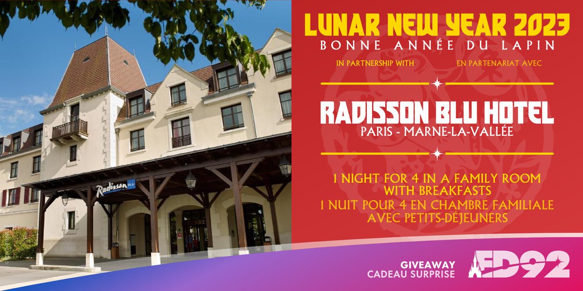 🧧🎊HAPPY LUNA 🌙 NEW YEAR🐇 🎊🧧

Enter for a chance to win a one-night stay (family room) with 🥞 at the fantastic <a href="/RadissonBlu/">Radisson Blu</a> 

1️⃣ Follow ED92 on Twitter
2️⃣ Like this Tweet
3️⃣ Retweet this Tweet
4️⃣ Bonus entries mention your friends 

Contest is open until Wednesday 6:30pm 🇫🇷