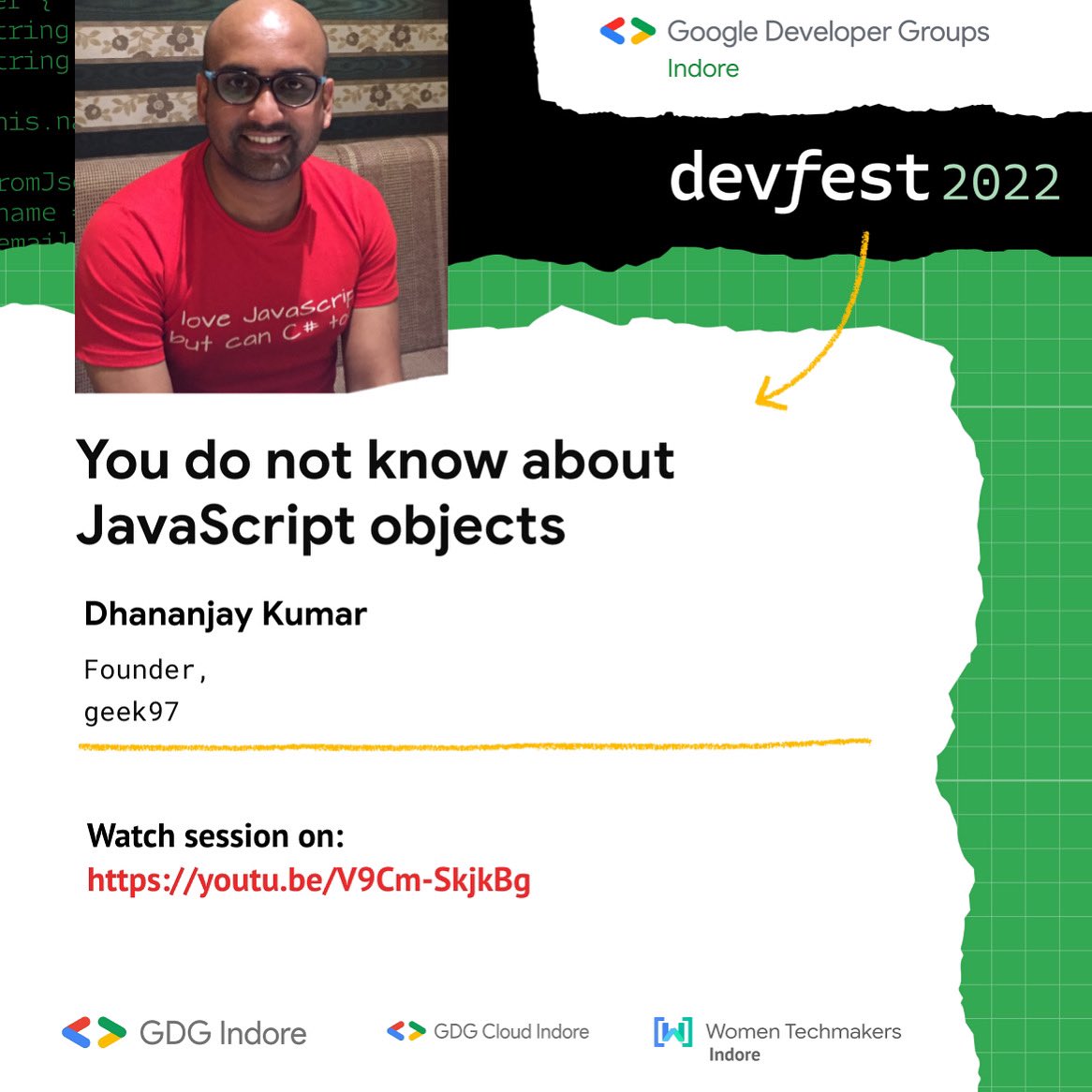 GDG_Indore's tweet photo. Want to take a quick peek in basics of JavaScript?
Hear it from the expert himself!
Check out Dhanajay Kumar’s talk @ DevFest Indore 2022 on “You do not know about JavaScript Objects".
Grab the full video at: https://t.co/DGglyKfZzs
#devfestindore2022 #gdgindore https://t.co/2Ep6BpQ9l7
