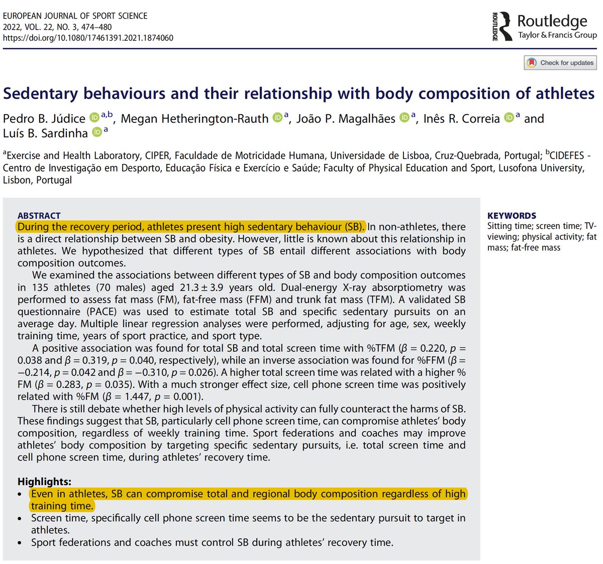 DrSianAllen's tweet photo. The level of activity athletes do outside of training matters!

Here, sedentary time &amp; cell phone screen time were positively associated with measures of % fat mass...

Regardless of time spent training for their sport! https://t.co/5db8weDBlx
