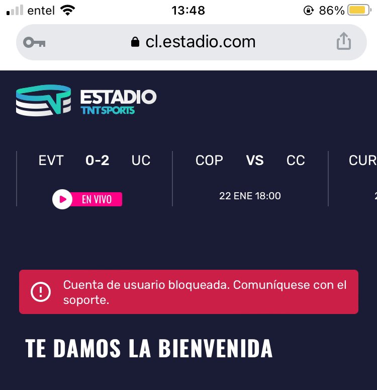 Melmoraga25's tweet photo. @TNTSportsCL Una solución porfavor. Escribí un correo y nada. Hoy me suscribí y no he podido ingresar porque bloquearon mi cuenta pero si me cobraron el dinero a mi tarjeta !!! https://t.co/ONJmZKwvDq