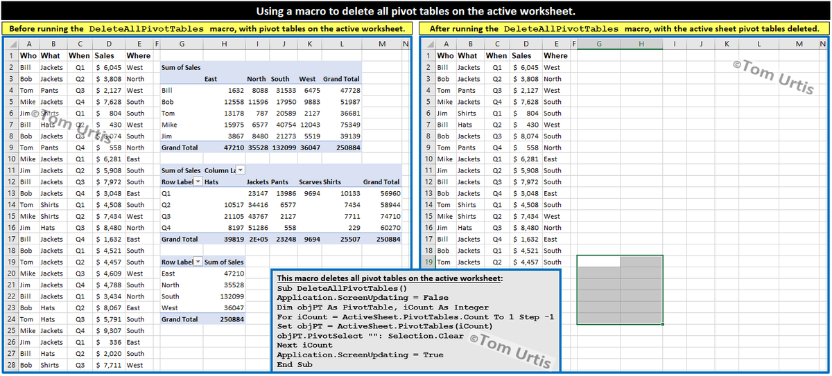 TomUrtis's tweet image. Using a macro to delete all pivot tables on the active worksheet. #TomsTips4Excel
