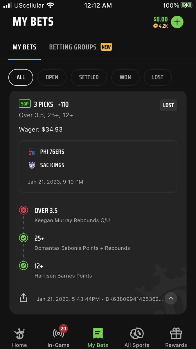Jaredjeffery's tweet photo. I strongly encourage anyone using DraftKings to delete the app and switch to a different book. Keegan Murray had 4 rbs last night. DK graded my SGP a loss. I reached out and they say this is standard. (1/3) #DraftKings #GamblingTwitter @DraftKings https://t.co/FaU5YBhOh5